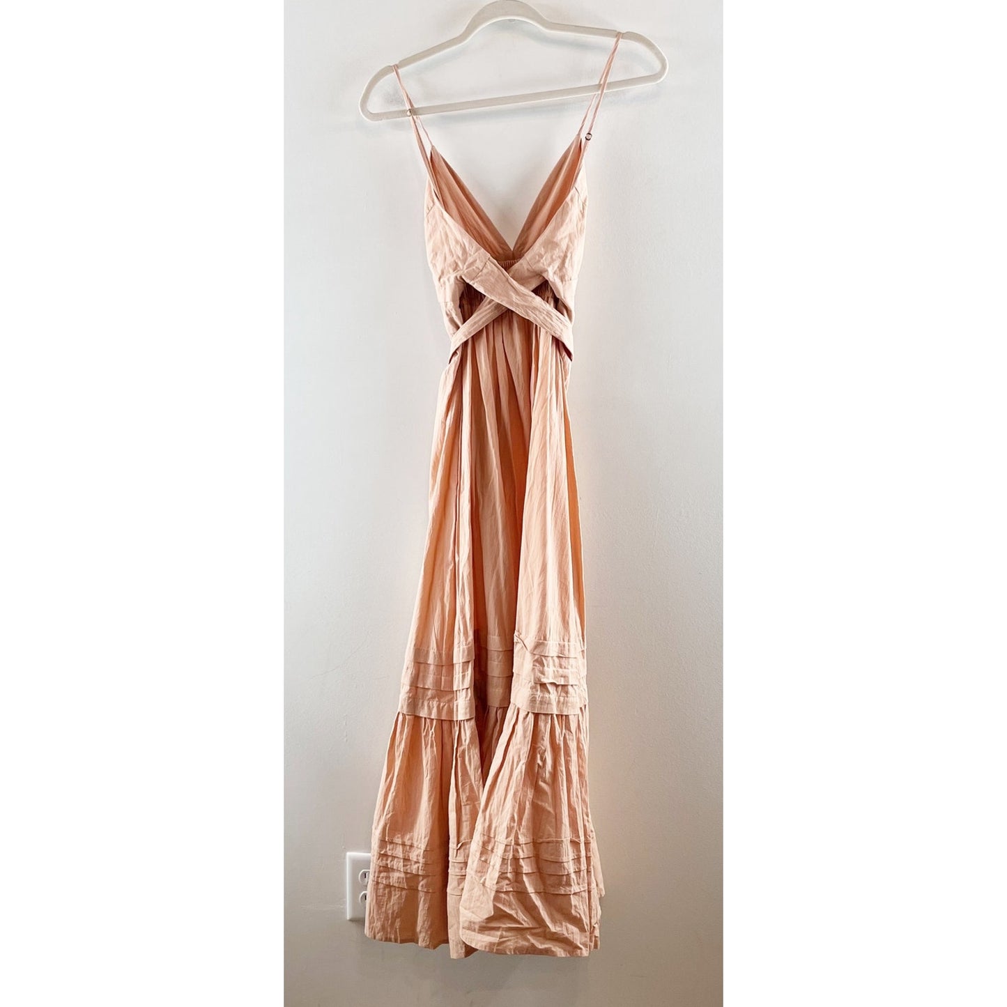 Pampelone Chloe V Neck Tiered Belted Cotton Maxi Dress Blush XS