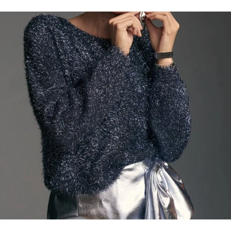 Anthropologie Long Sleeve Scoop Back Eyelash Sweater Navy Blue Small