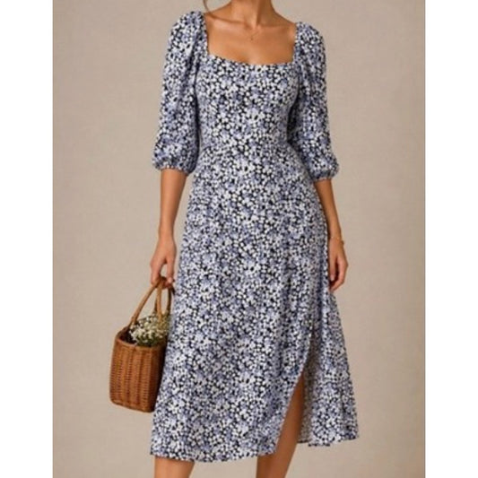 Abercrombie Ditsy Floral 3/4 Sleeve Square Neck Midi Dress Blue Medium