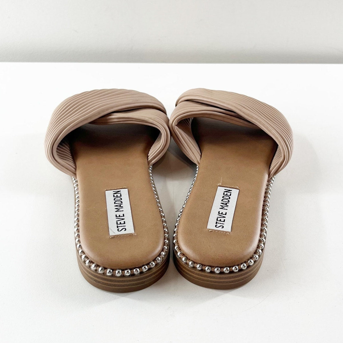 Steve Madden Ravina Beaded Slip On Cross Strap Slide Sandals Tan 7.5