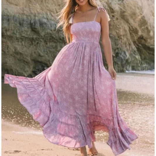 OLIA Smocked Tie Strap Printed Maxi Dress Sundress Lavender Purple Small