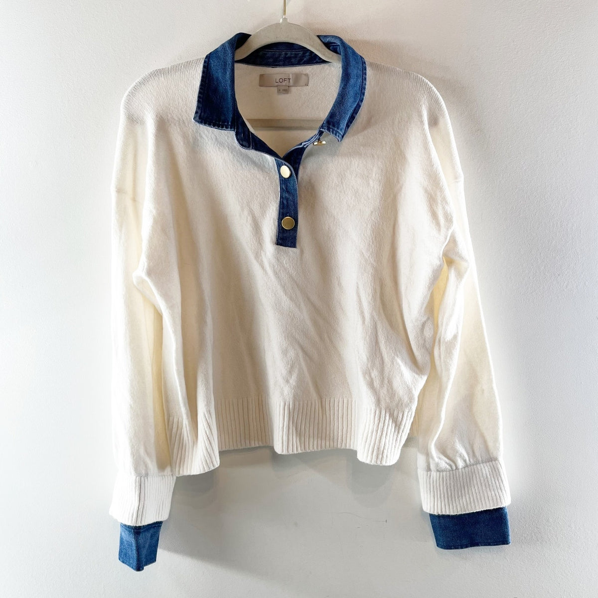 LOFT Denim Collar Henley Long Sleeve Sweater Cream Blue Small