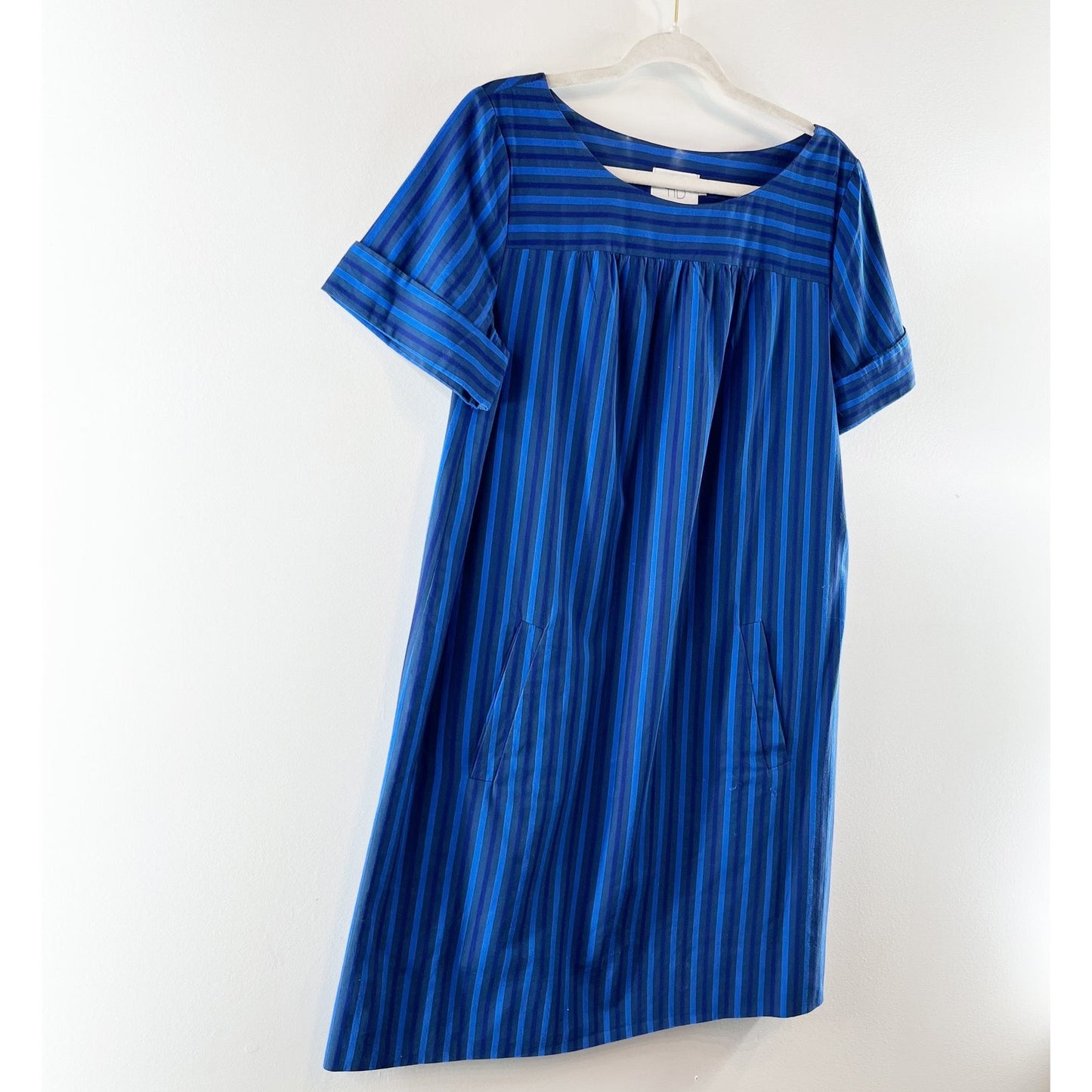 HD in Paris Anthropologie Short Sleeve Striped Cotton Mini Shift Dress Blue 12