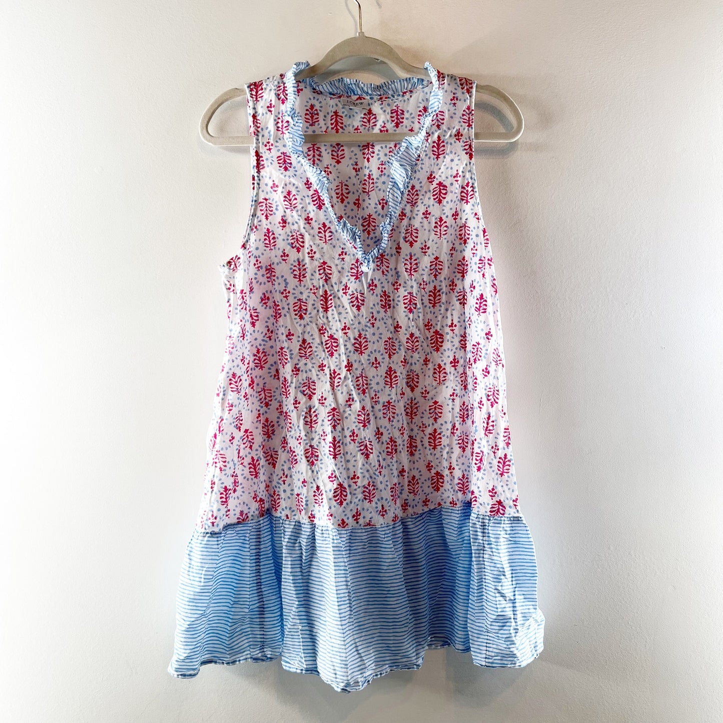 J. Crew Ruffle Tiered Mini Swim Cover Up Dress White Red Blue Medium