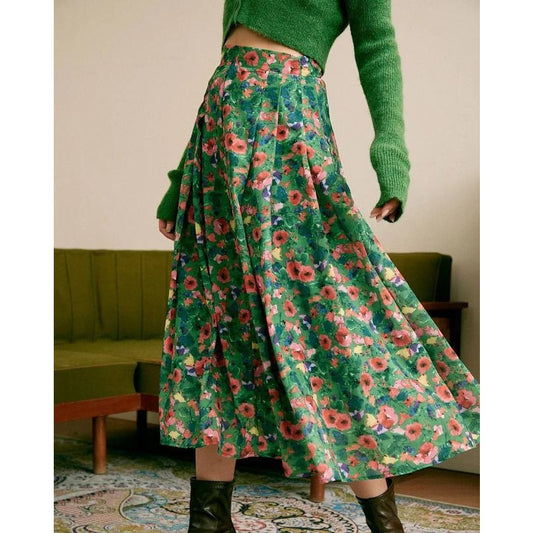 RIHOAS Floral Pleated Lined Slit Midi Skirt Green XL