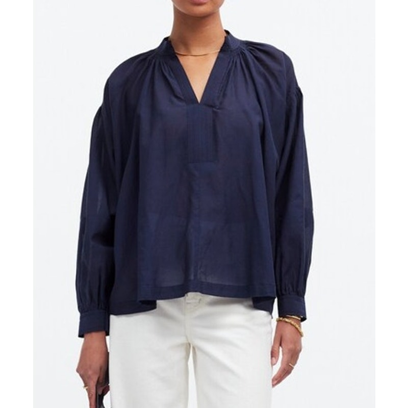 Madewell Shirred Long-Sleeve V-Neck Blouse Top Ink Blue XL