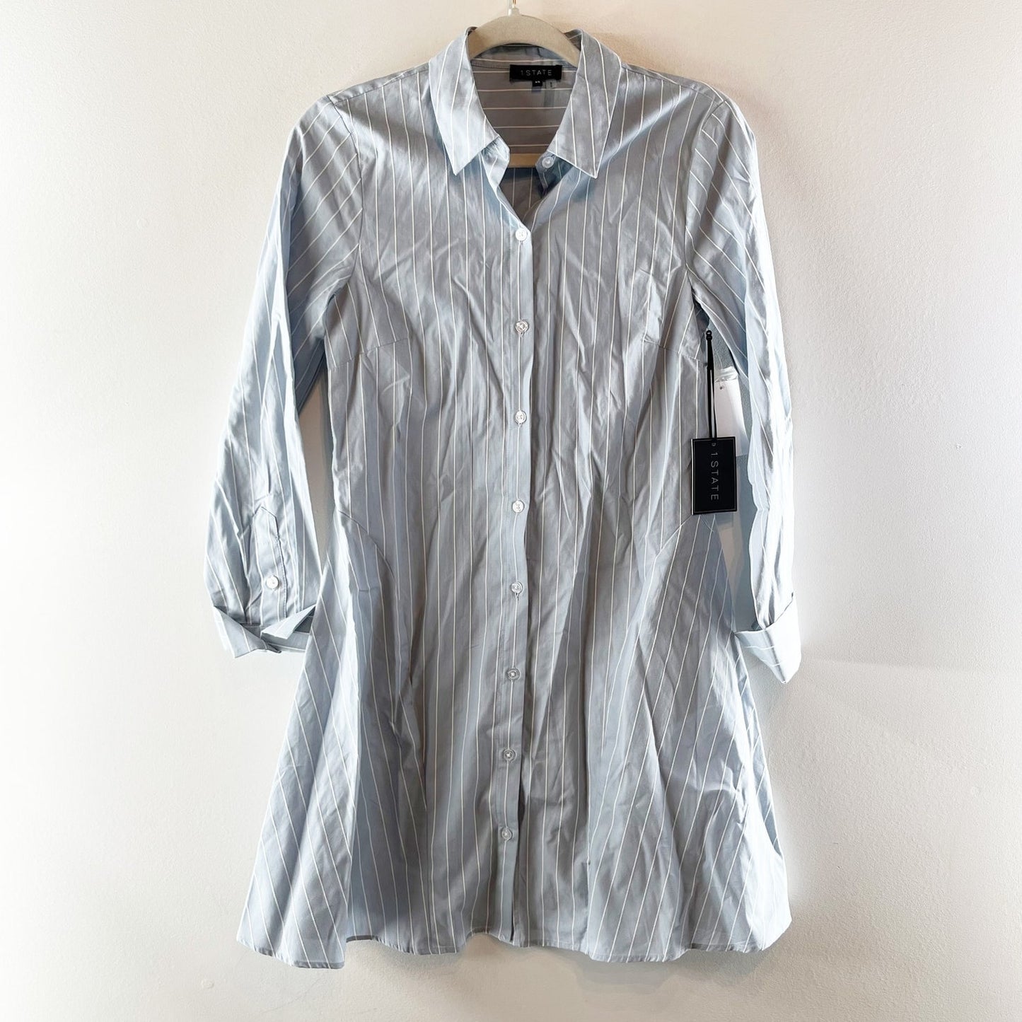 1.State Stripe Long Sleeve Cotton Button-Front Mini Shirtdress Blue Denim XS