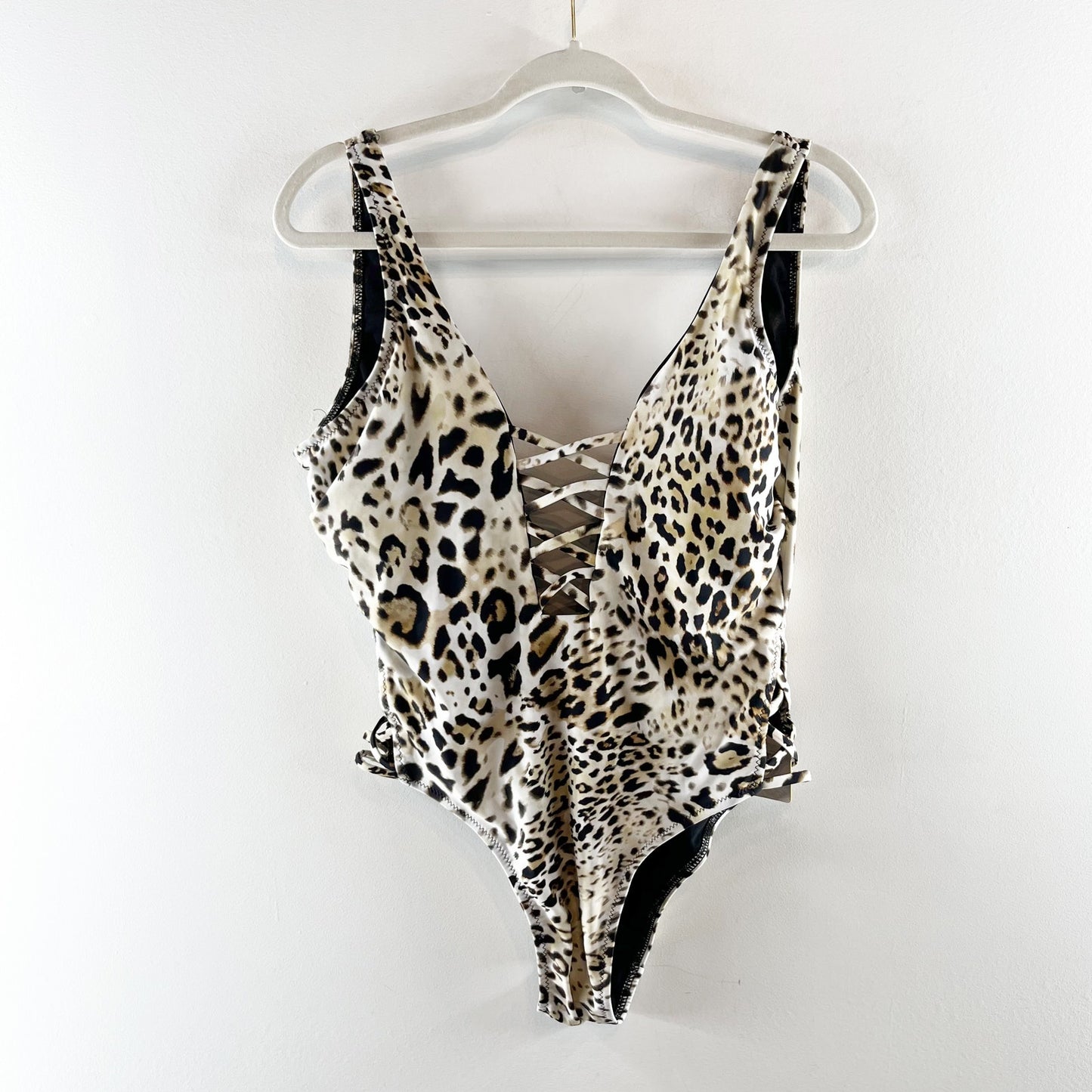 Coastal Waves Leopard Ladder Cutout Front One Piece Swimsuit Tan Black XL