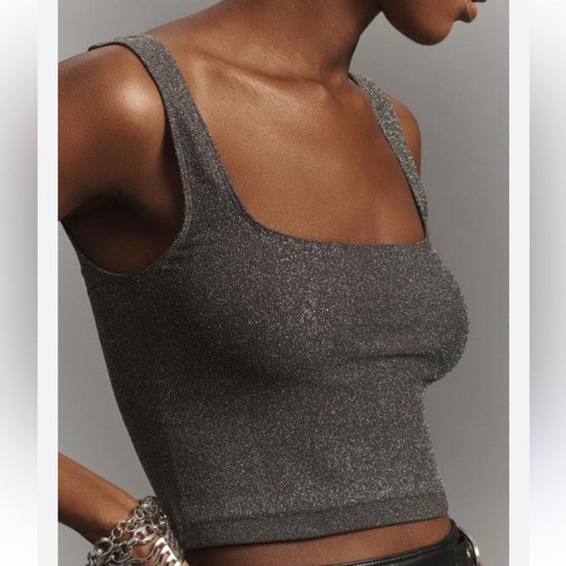 Anthropologie Metallic Shimmer Square Neck Crop Tank Top Silver XXS / XS