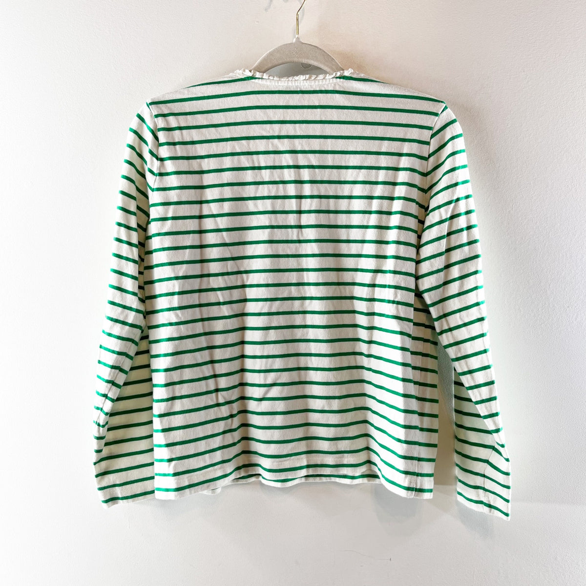 J. Crew Long Sleeve Striped Ruffleneck Henley Shirt Top Green White Small