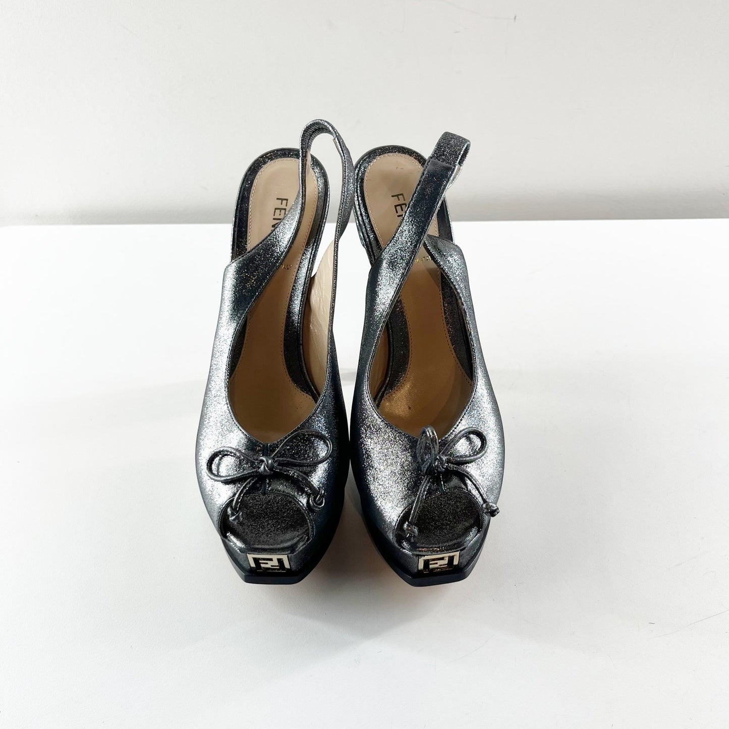 Fendi Metallic Glitter Fendista Peep Toe Stilettos Slingback Pumps Silver 38