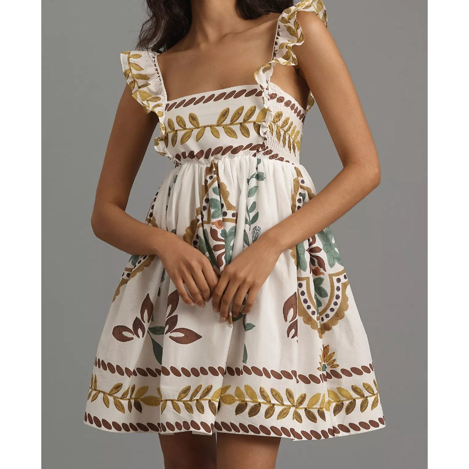 Anthropologie Ruffle-Sleeve Square-Neck Printed Mini Dress White XS