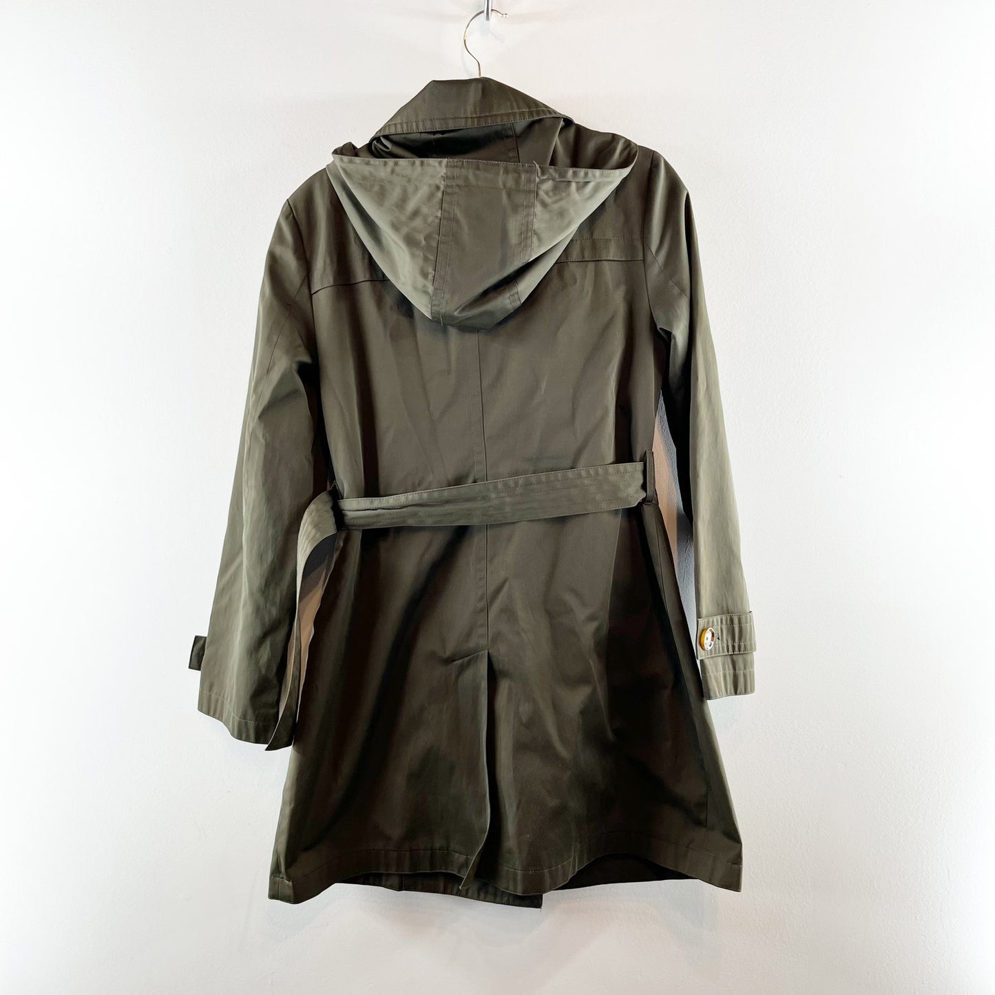 Michael Kors Belted Double Breasted Hooded Trench Coat Olive Green Small