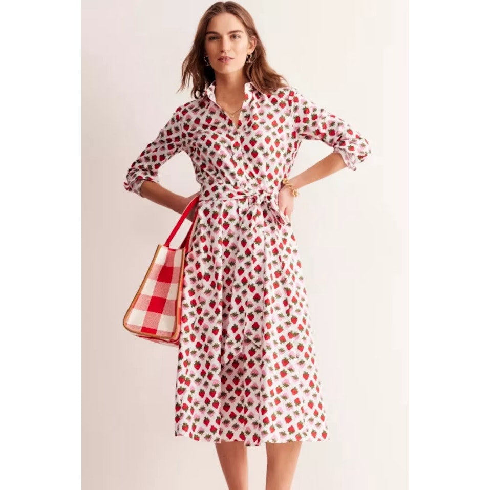 Boden Amy Cotton Strawberry Pop Midi Shirt Dress White Pink Red 8