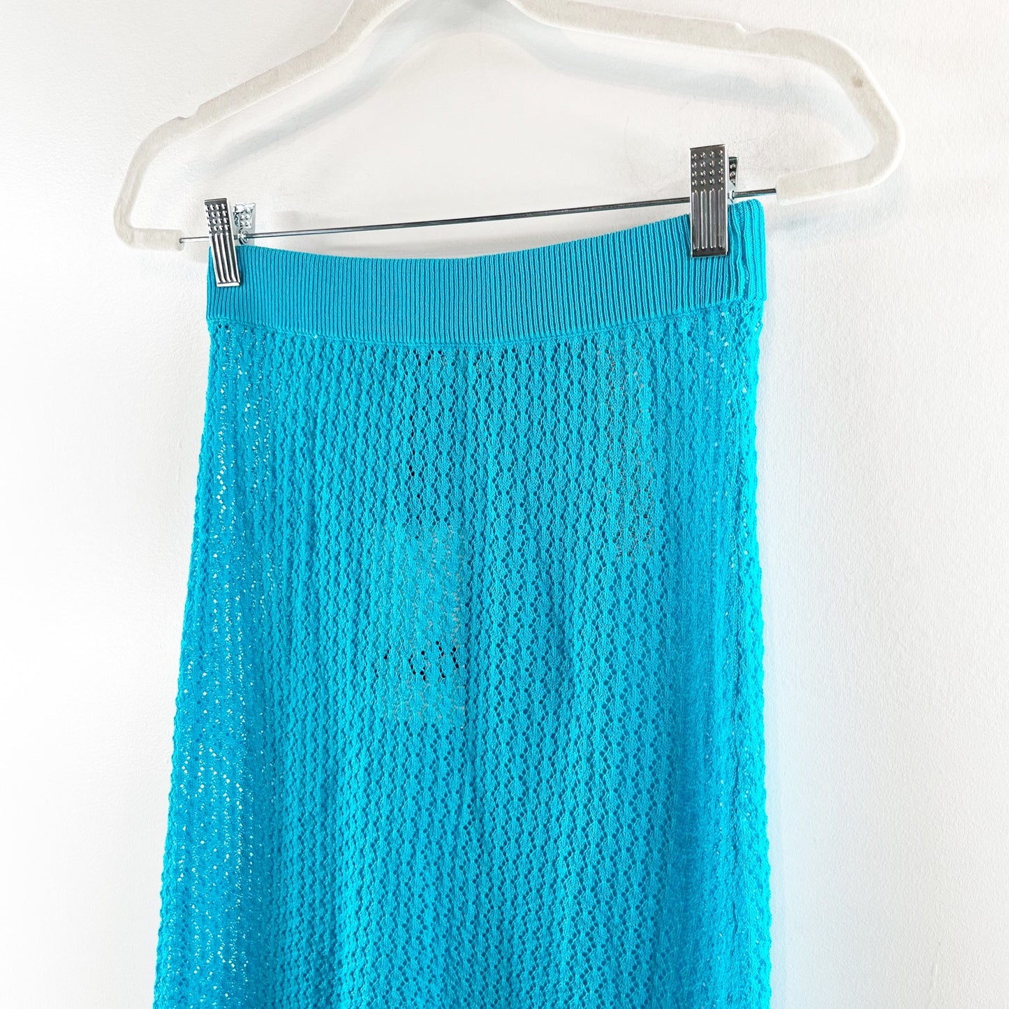 Zara Pointelle Pull On High-Waisted Knit Coverup Maxi Skirt Aqua Blue Small