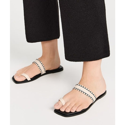 Kaanas Pirita Cowhide Leather Toe Ring Slip On Flat Sandals Black Cream 9
