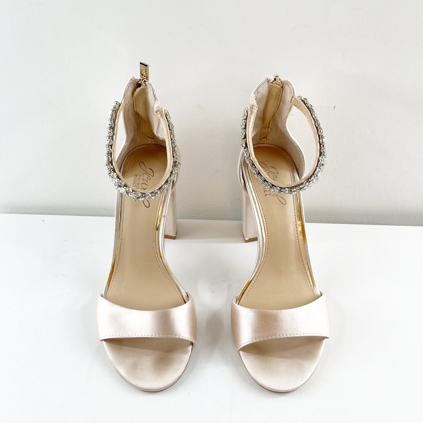 Jewel Badgley Mischka Louise Rhinestone Ankle Strap Peep Toe Block Heel Shoes 7