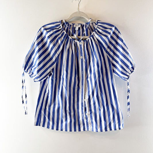 J. Crew Striped Button-Front Top with Tie Sleeves Brilliant Blue White Small