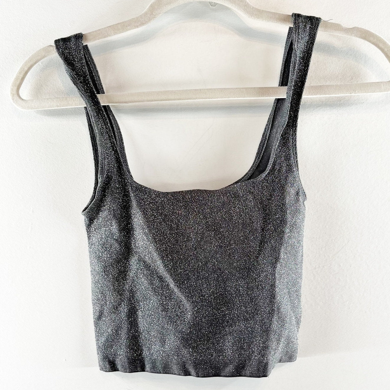 Anthropologie Metallic Shimmer Square Neck Crop Tank Top Silver XXS / XS