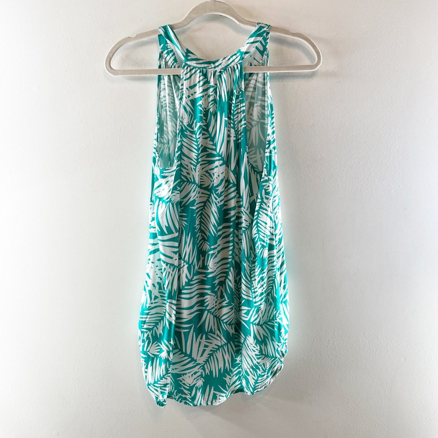 Escapada Living Palm Print Sleeveless V-Neck Tassel Tie Tank Top Blue White L