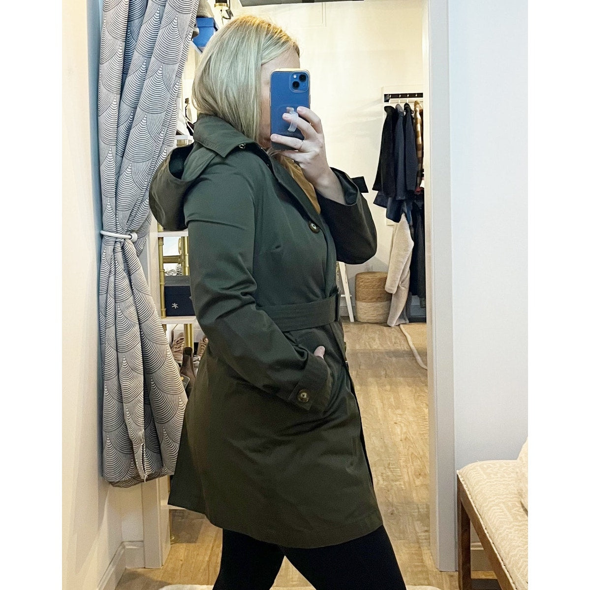 Michael Kors Belted Double Breasted Hooded Trench Coat Olive Green Small