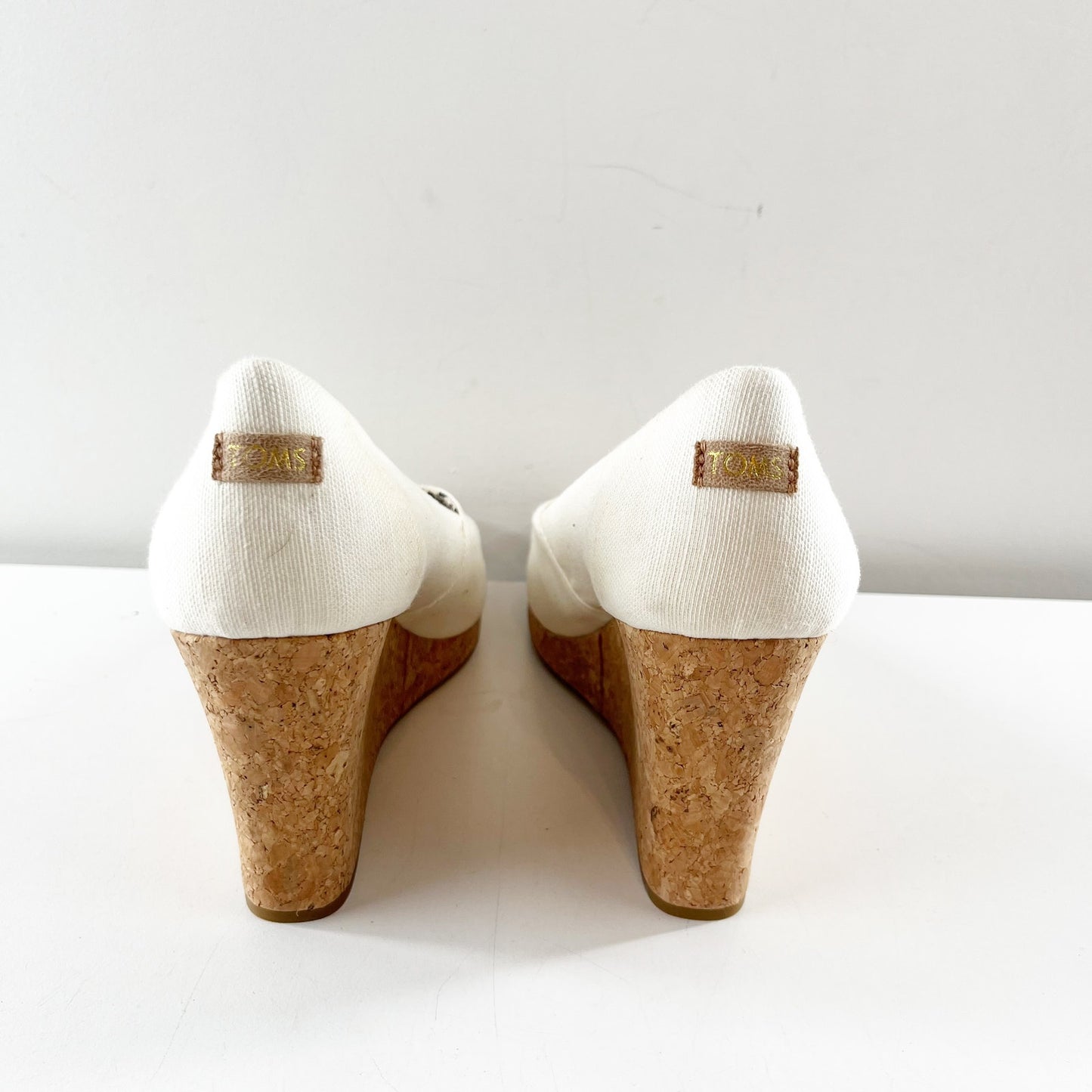 TOMS Classic Peep Toe Canvas Cork Wedge Heel Sandals Cream White 9