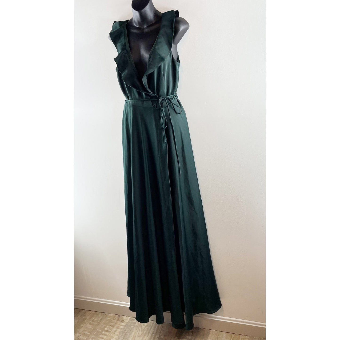 BHDLN Anthropologie Ruffle Wrap Maxi Satin Formal Dress Green 8