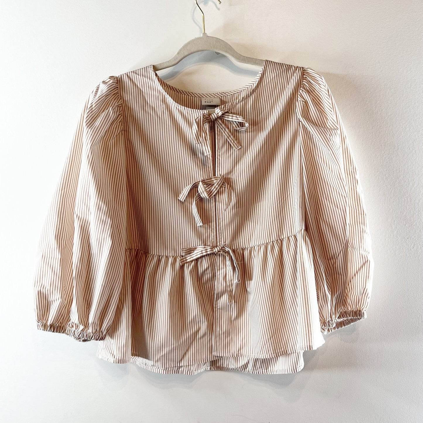 A New Day Puff 3/4 Sleeve Bow Peplum Top Blouse Yellow Stripe XS
