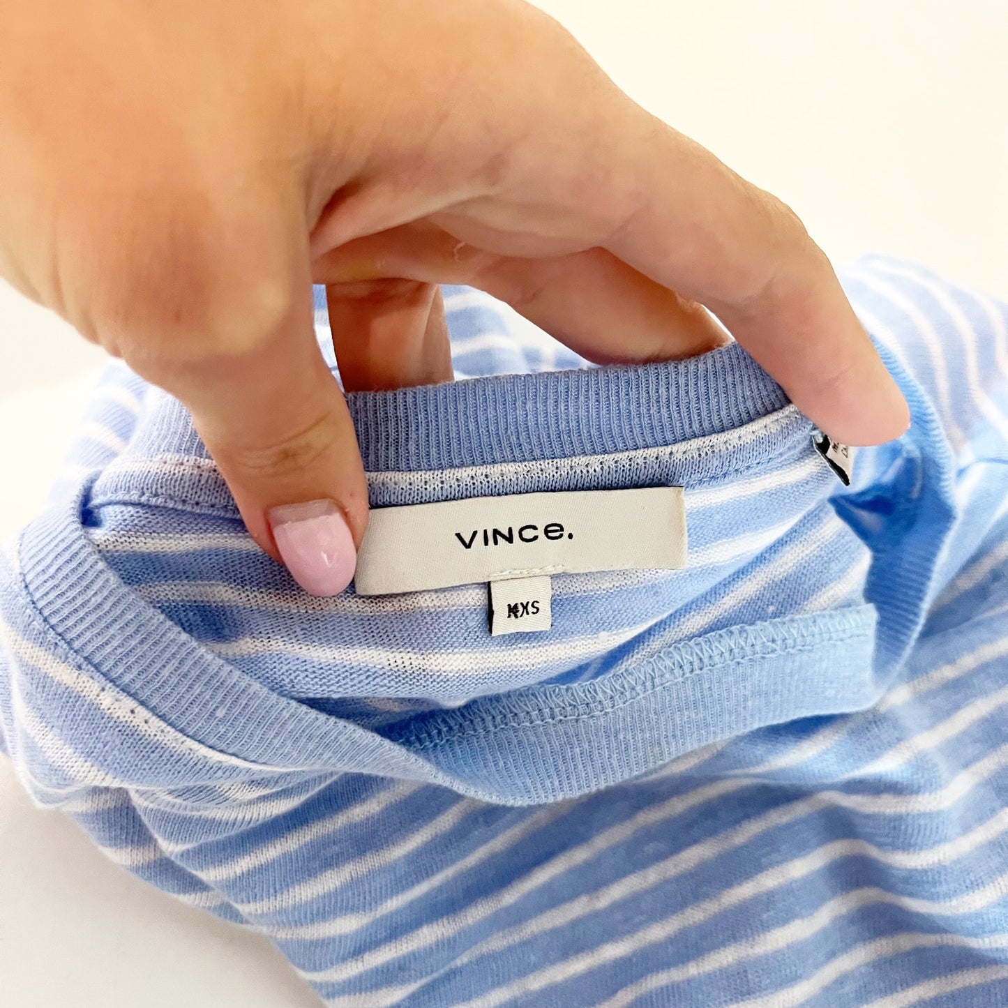 Vince. 100% Linen Striped Elbow Length Crewneck Tee Shirt Blue XXS