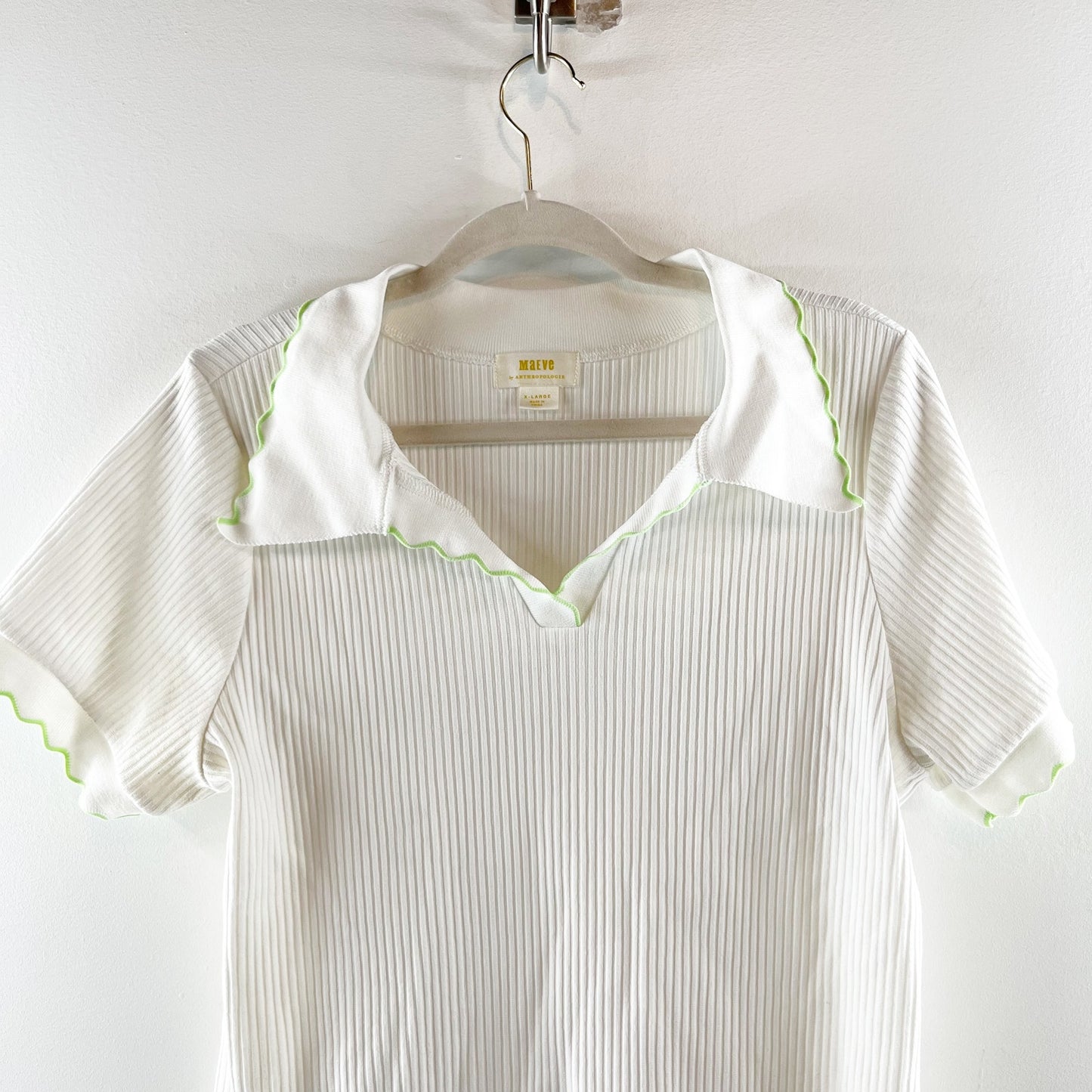 Maeve by Anthropologie Scalloped Short Sleeve Collared Polo Tee White Green XL