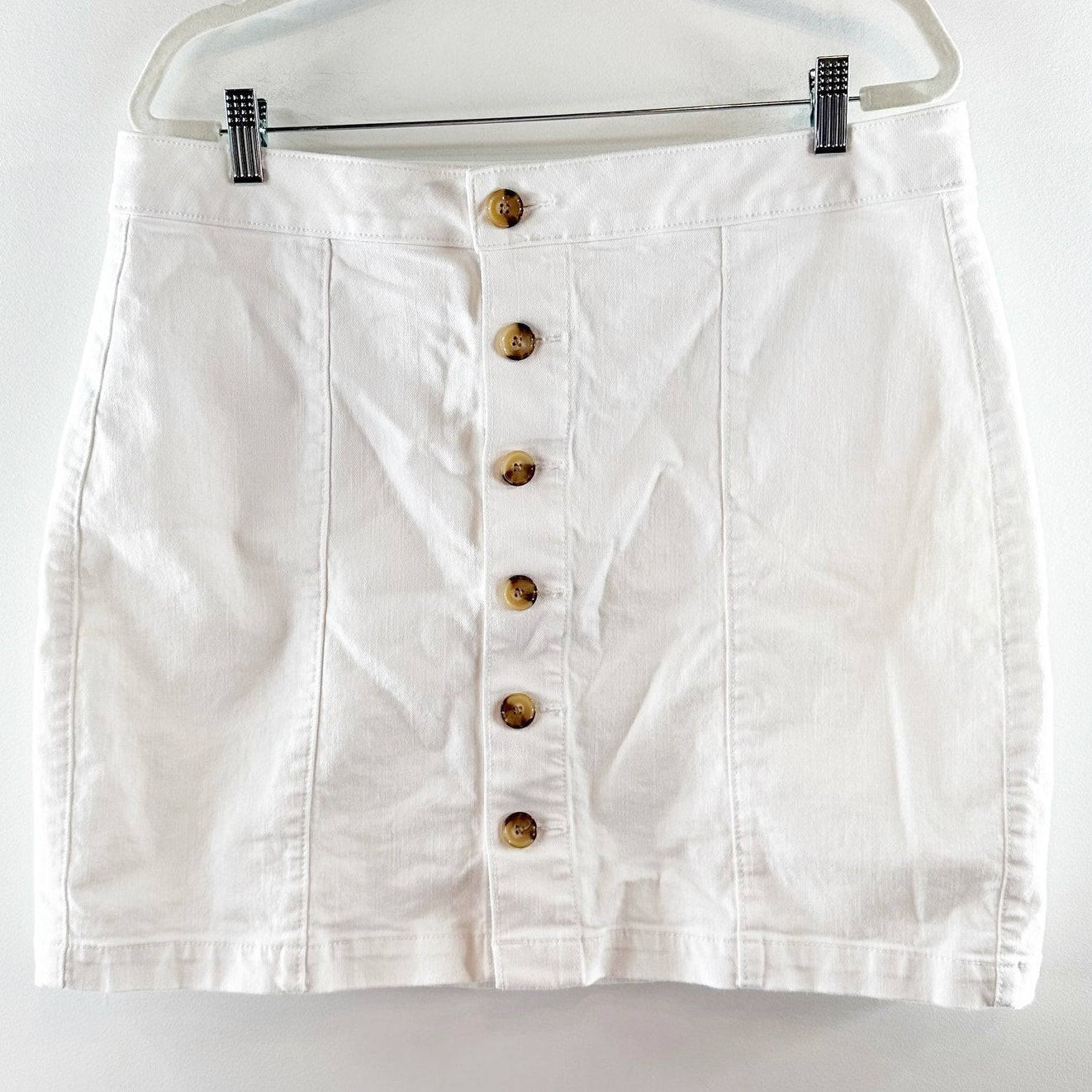 LOFT Cotton Blend High Waisted Button Front Denim A-Line Mini Skirt White 14