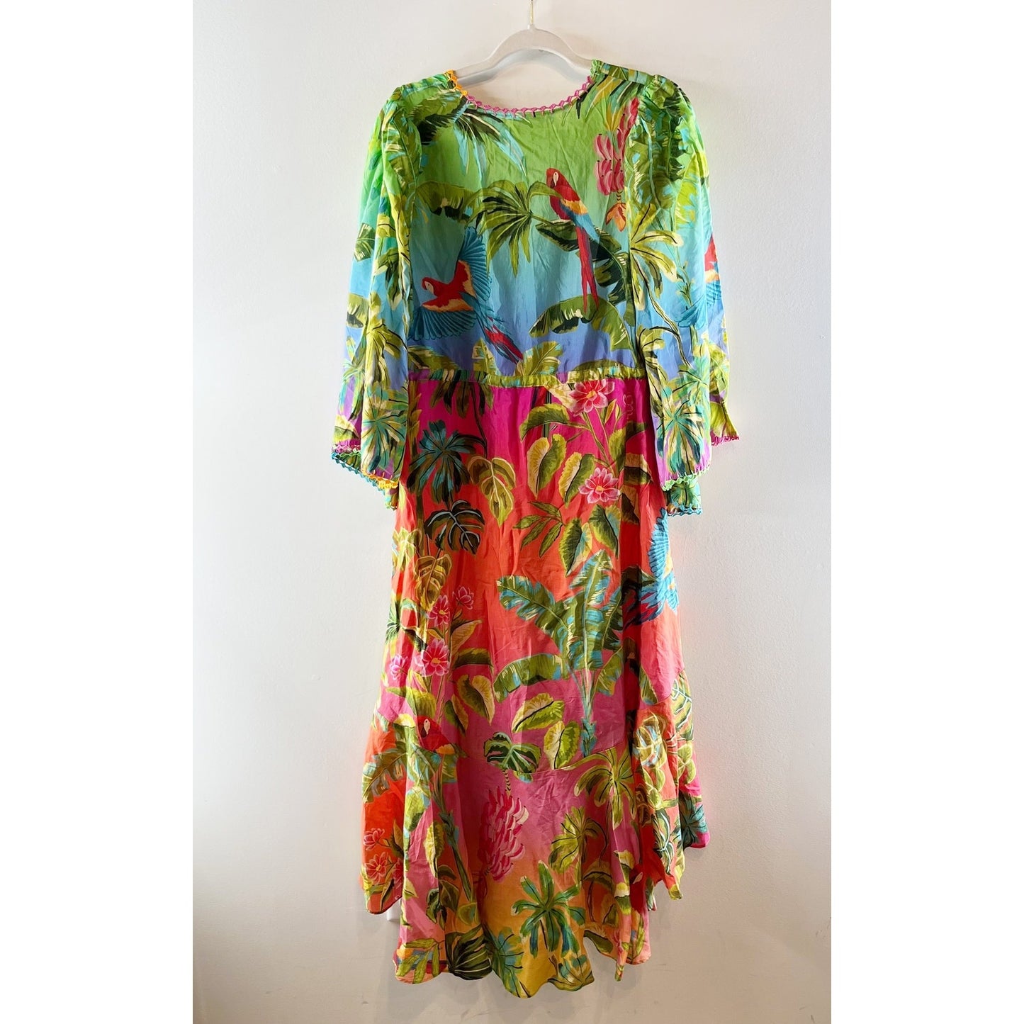 Farm Rio Ombre Forest Ruffle Long Sleeve Maxi Caftan Dress Green Blue Pink Small
