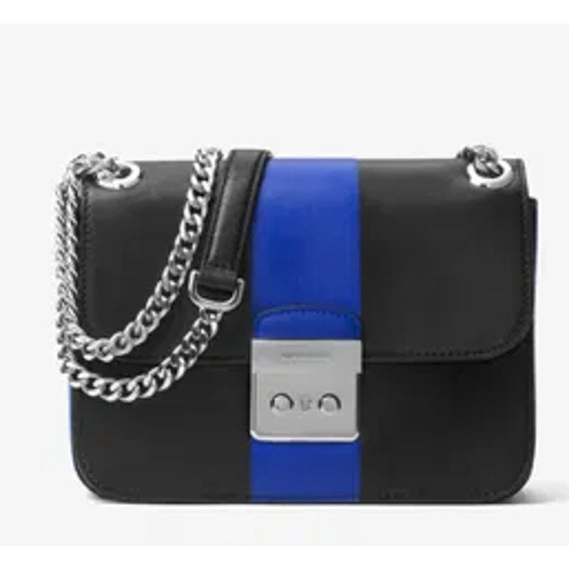 Michael Kors Sloan Center Stripe Med Chain Shoulder Strap Leather Black / Blue