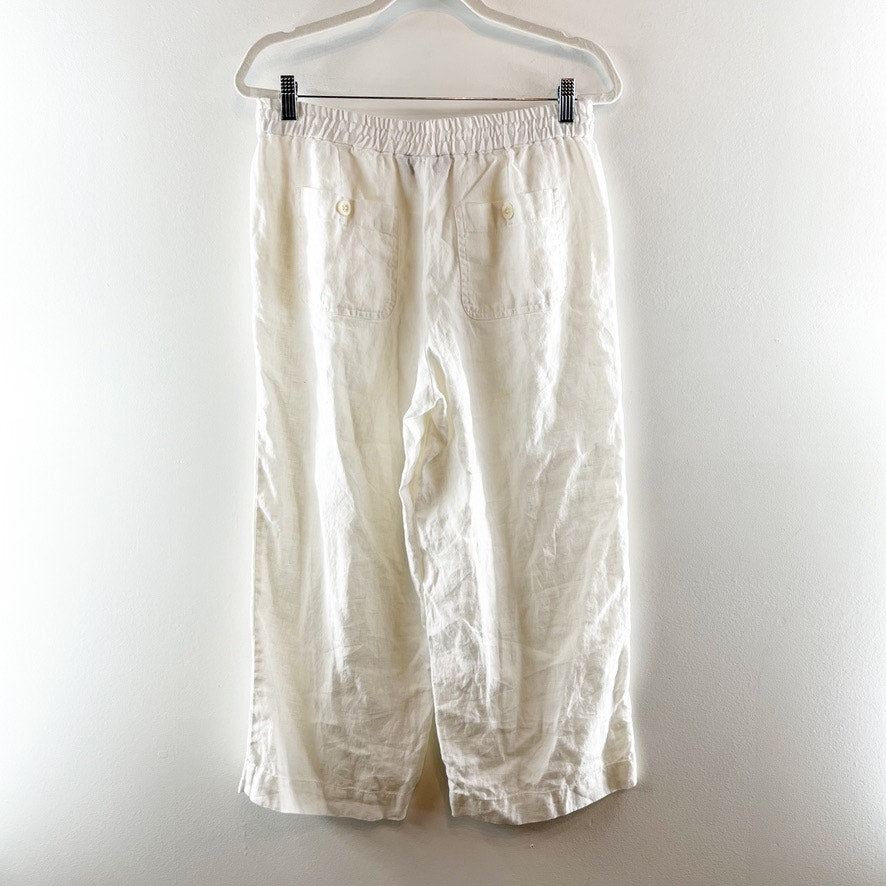 Talbots Washed 100% Linen High Rise Wide Leg Relaxed Cropped Pants White Small