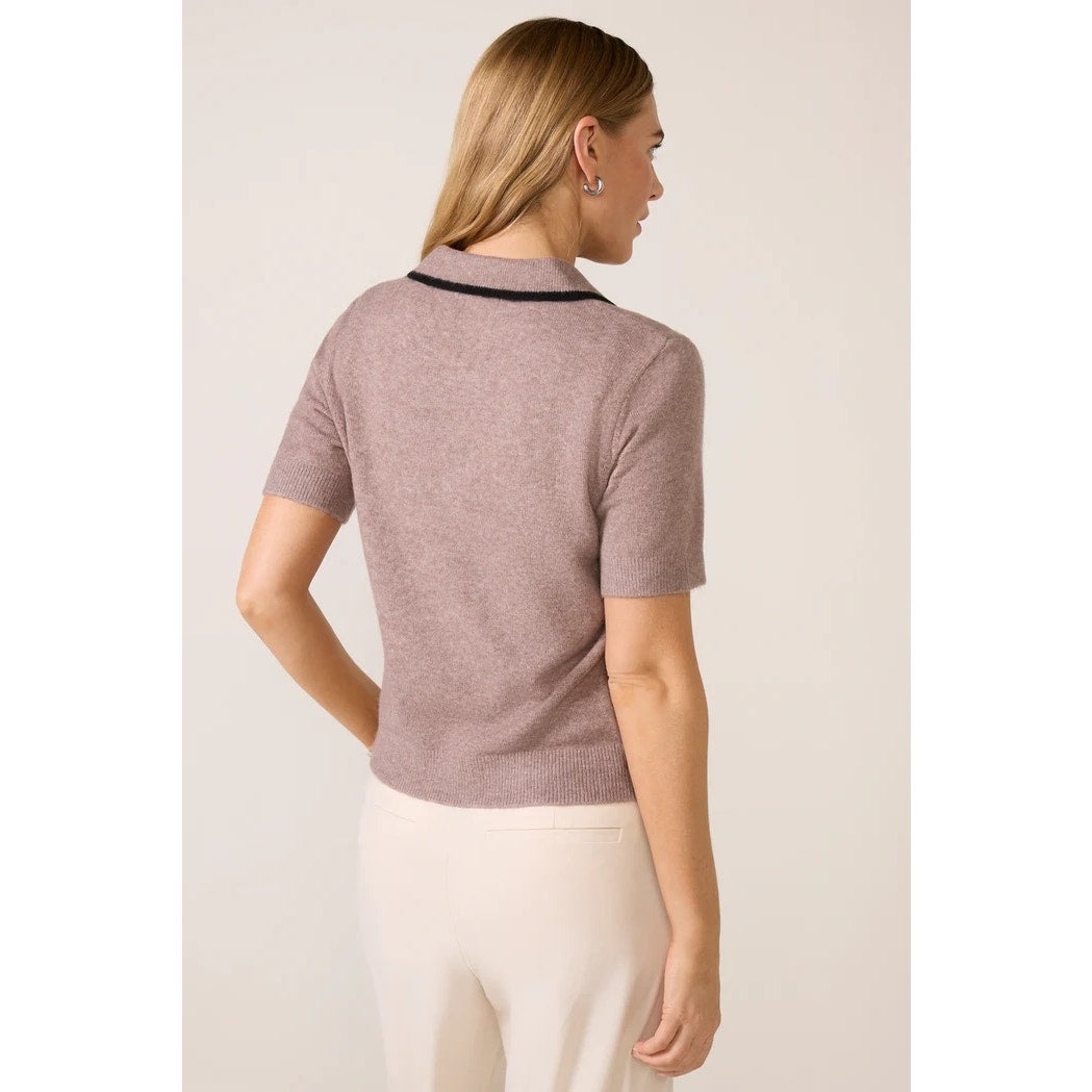 Evereve Celine Short Sleeve Polo Pullover Sweater Caribou Brown Black Medium