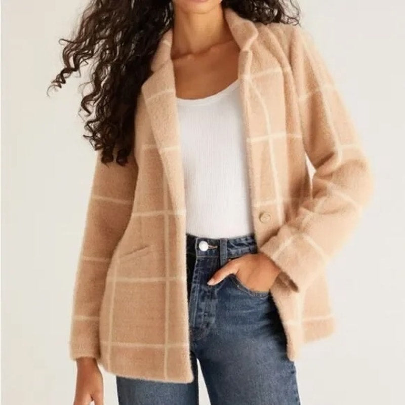 Z Supply Plaid Windowpane Anna Eyelash Blazer Jacket Camel Tan XS