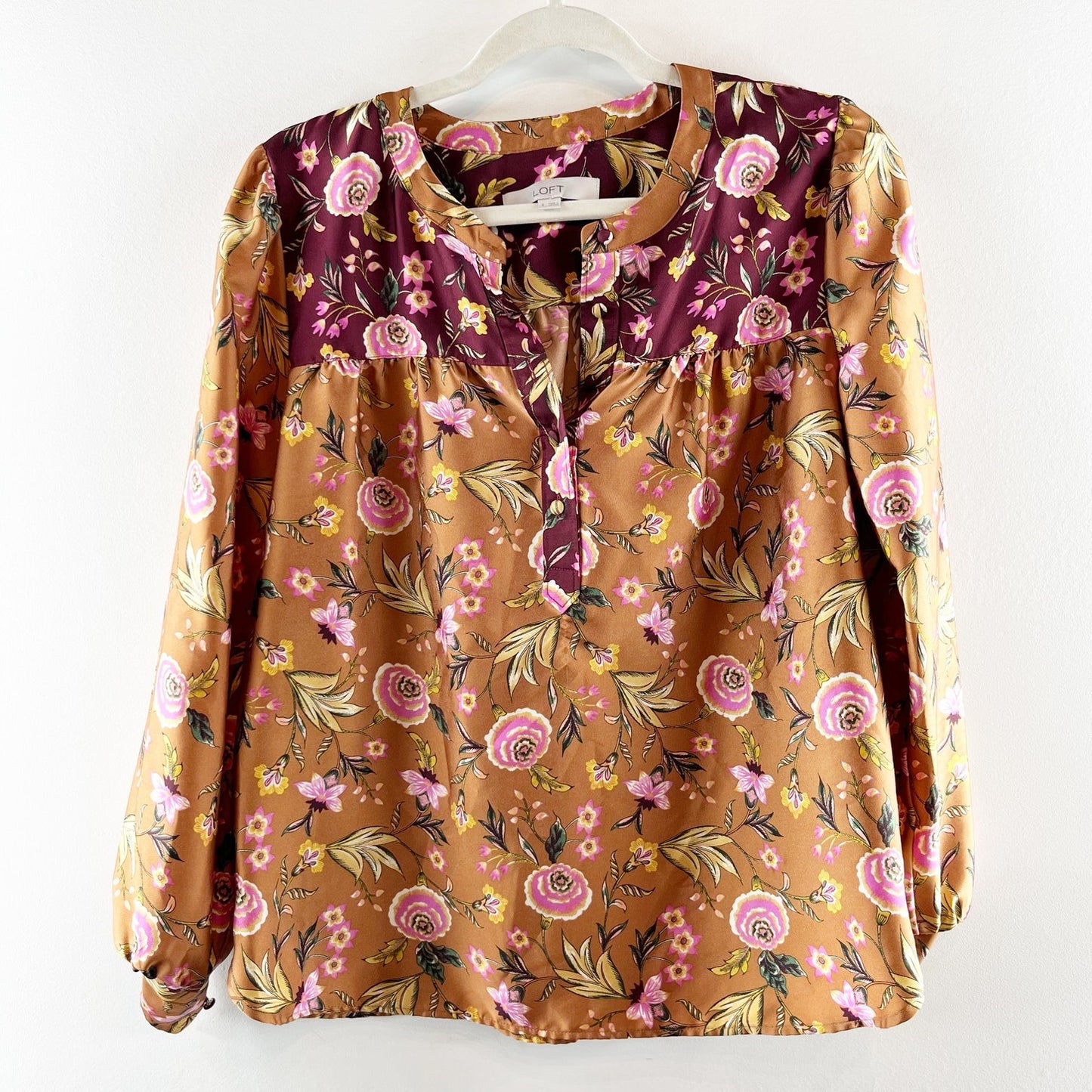 LOFT Long Sleeve Button Front Floral Satin Blouse Top Orange Maroon Small