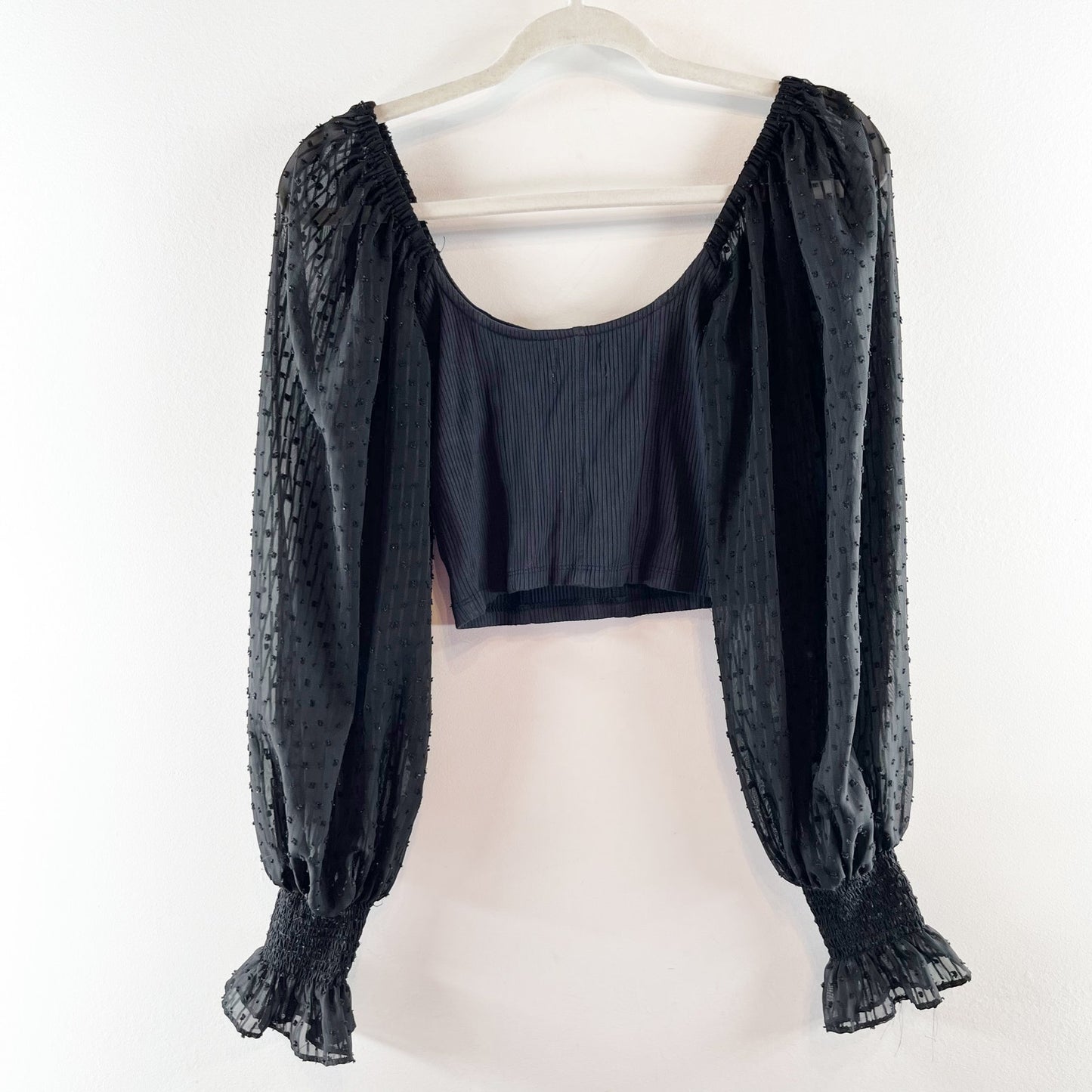 Urban Outfitters Cynthia Ribbed Square Neck Clip Dot Long Sleeve Crop Top Black