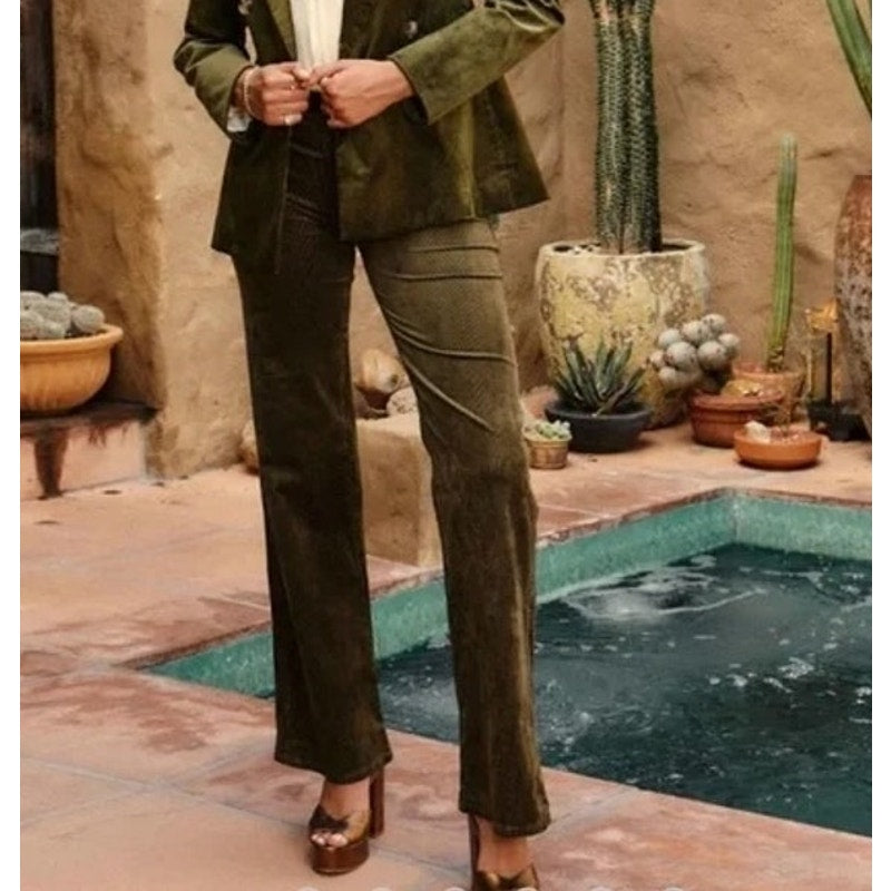 Paige Mid Rise Straight Leg Corduroy Pants in Brushed Olive Green 31