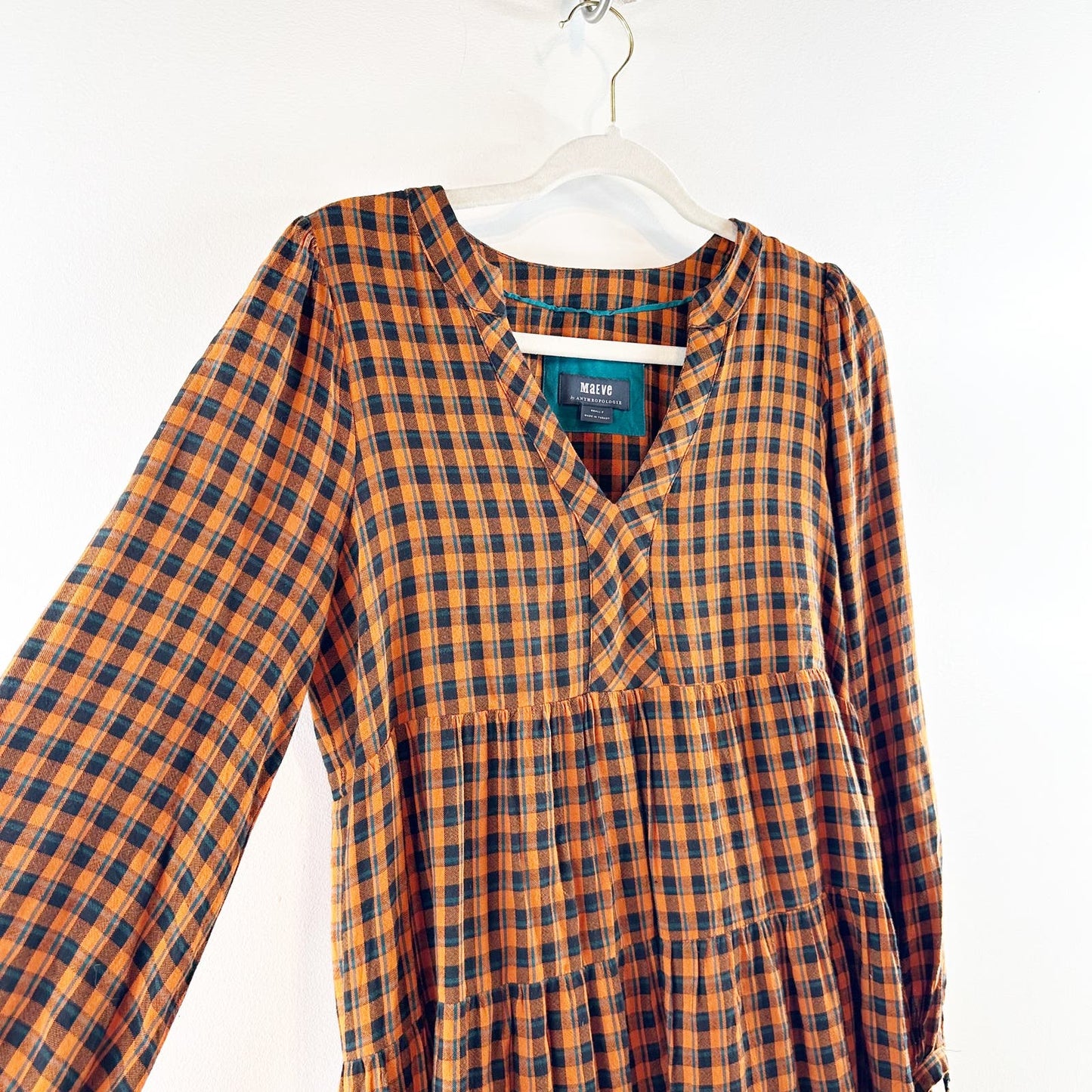 Maeve Anthropologie Long Sleeve Gingham Plaid Tunic Mini Dress Gold Black Small