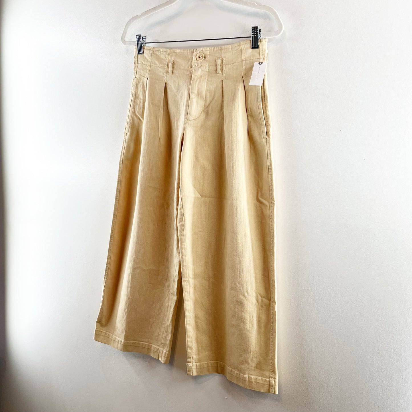 Maeve Anthropologie Remi Pleated High Rise Wide Leg Cropped Pants Tan Khaki 0