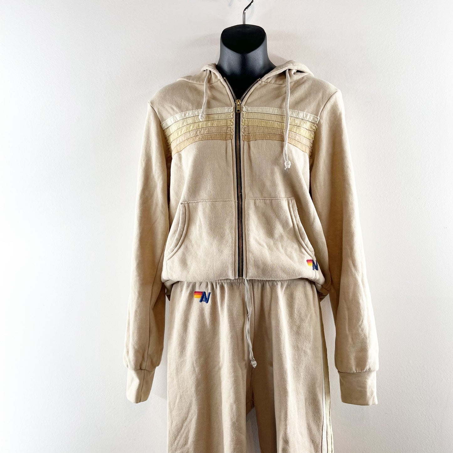 Aviator Nation 5 Stripe Full Zip Hoodie and Matching Sweatpants Set Sand Tan XS