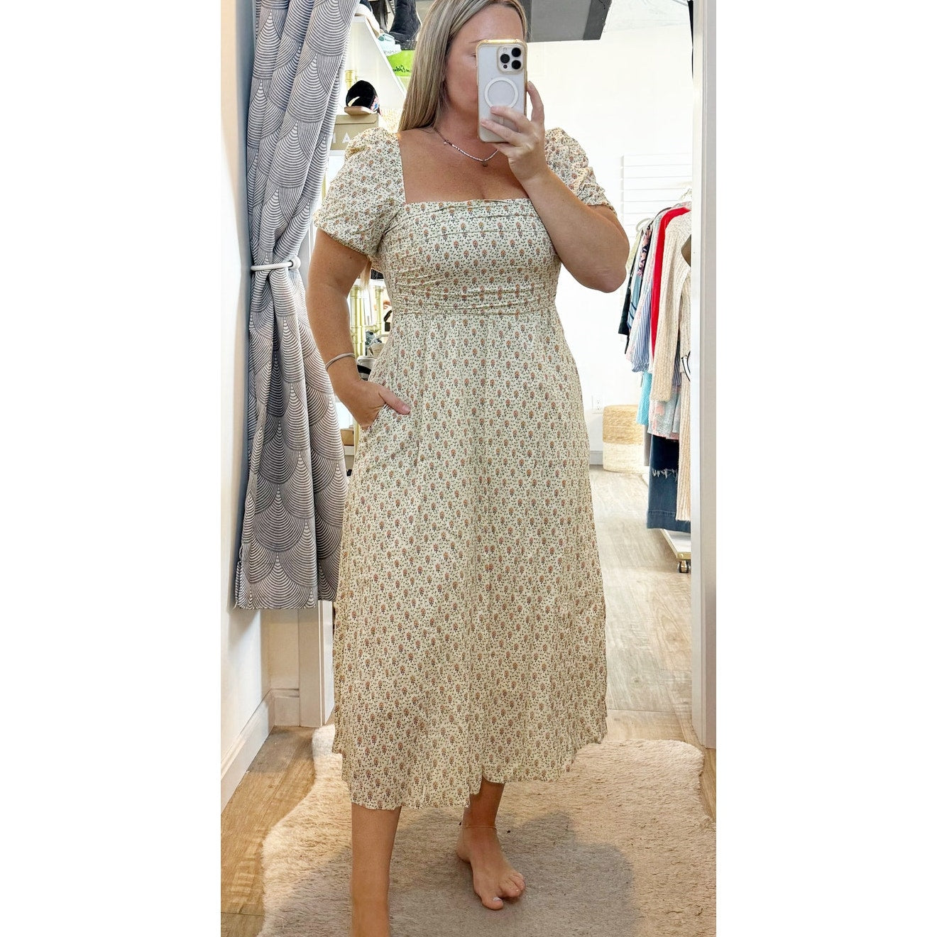 O.P.T Square Neck Short Puff Sleeve Floral Cotton Lined Midi Dress Cream Large