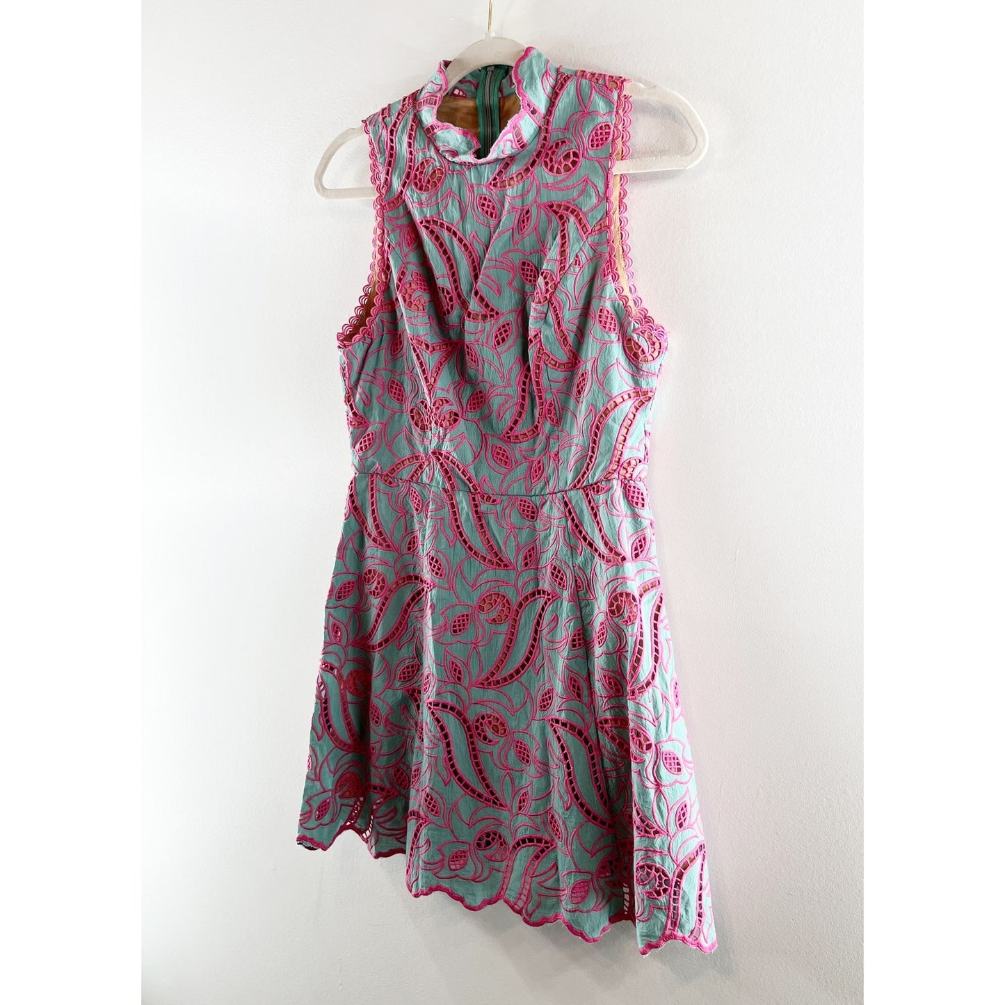 Elliatt Sleeveless Embroidered A Line Mini Dress Green Pink Small
