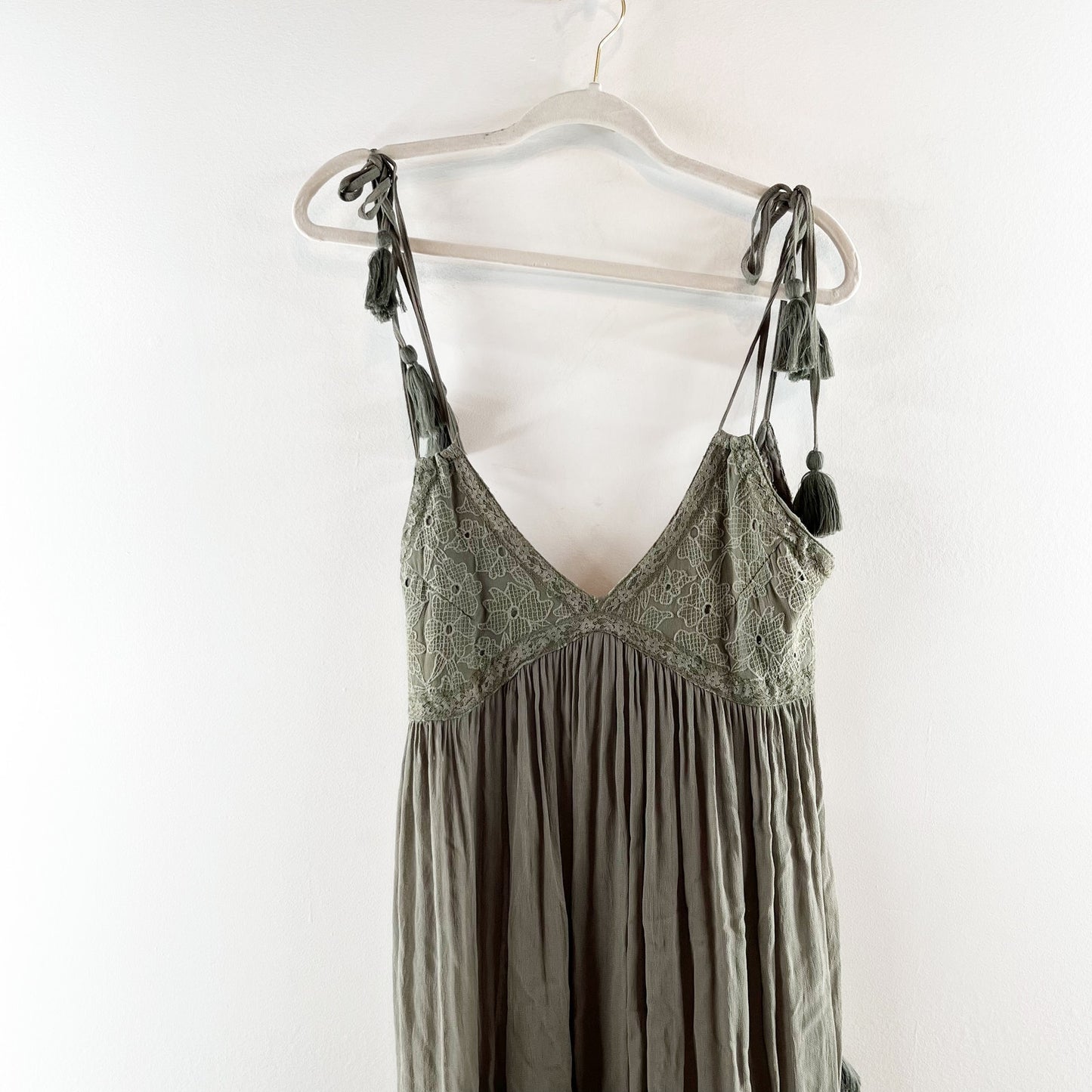 Lovestitch Beach Bliss Lace Trim Boho Cover Up Maxi Sundress Moss Green Medium