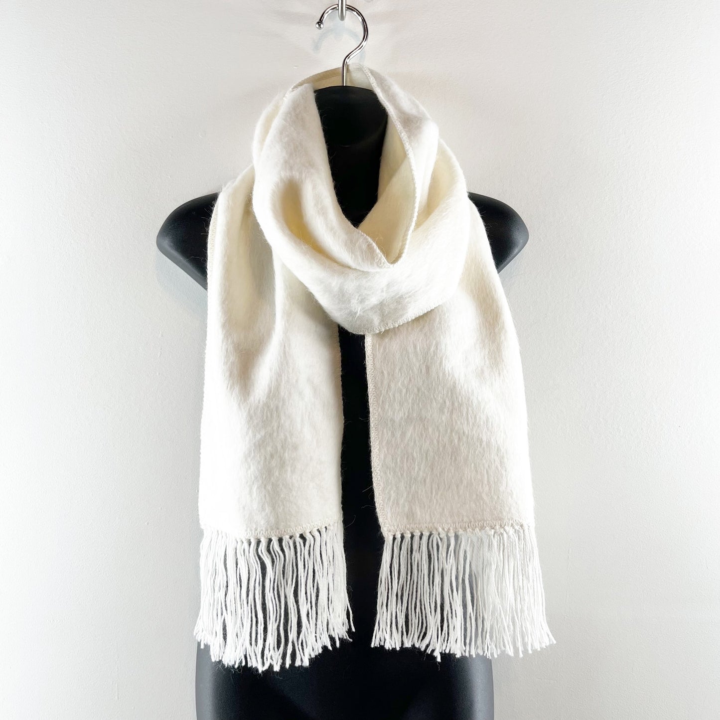 Alpaca Wool Fringe Trim Wrap Scarf Cream White Ivory