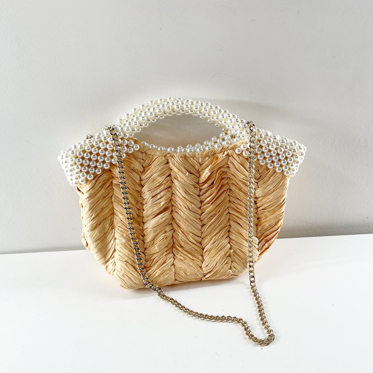 Zara Faux Beaded Basket Handbag Purse with Chain Crossbody Strap Natural Tan