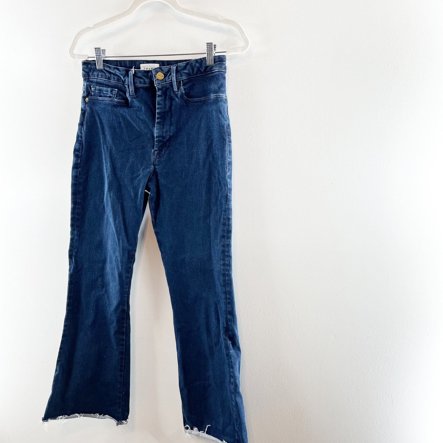 Frame Le One Organic Cotton High Waisted Denim Frayed Hem Flare Jeans Keller 2