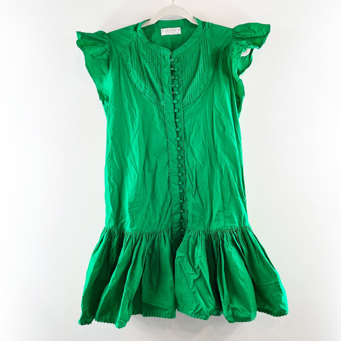 Caroline Constas Ruffle Cap Sleeve Button Up Drop Waist Ruffle Mini Dress Green