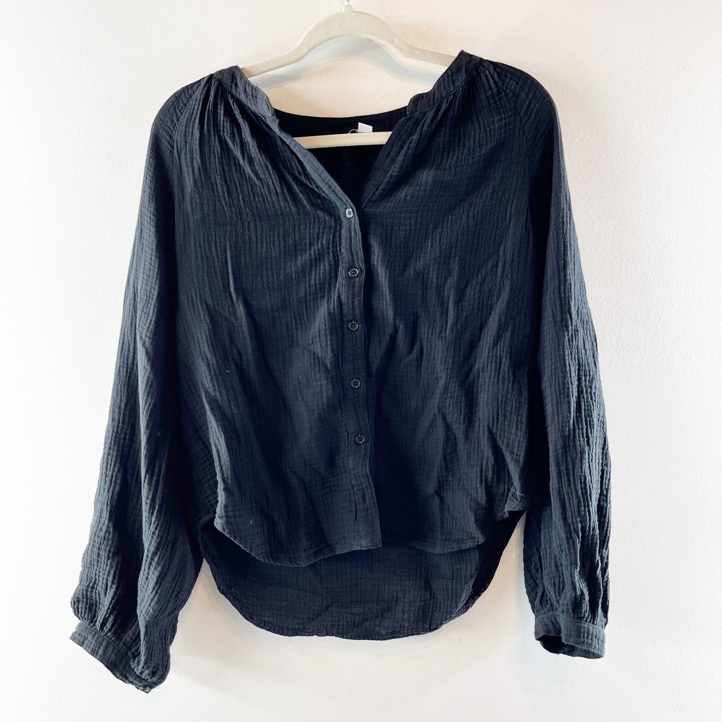 Evereve Annie Cotton Gauze Long Sleeve Button Up Shirt Top Black Medium